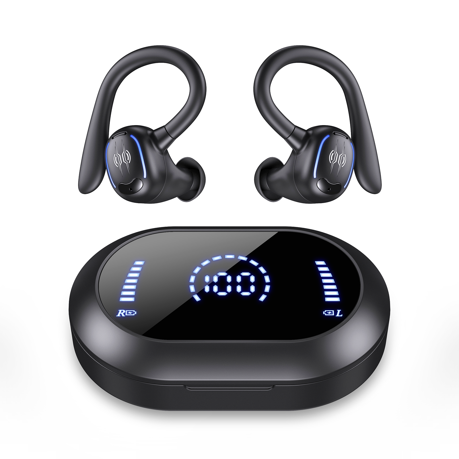 PSIER Wireless Earbuds Bluetooth Headphones 50 Hours Playtime Bluetooth 5.3 Digital LED Display Over-Ear Earphones with Earhook Sports Headphones IPX7 Waterproof