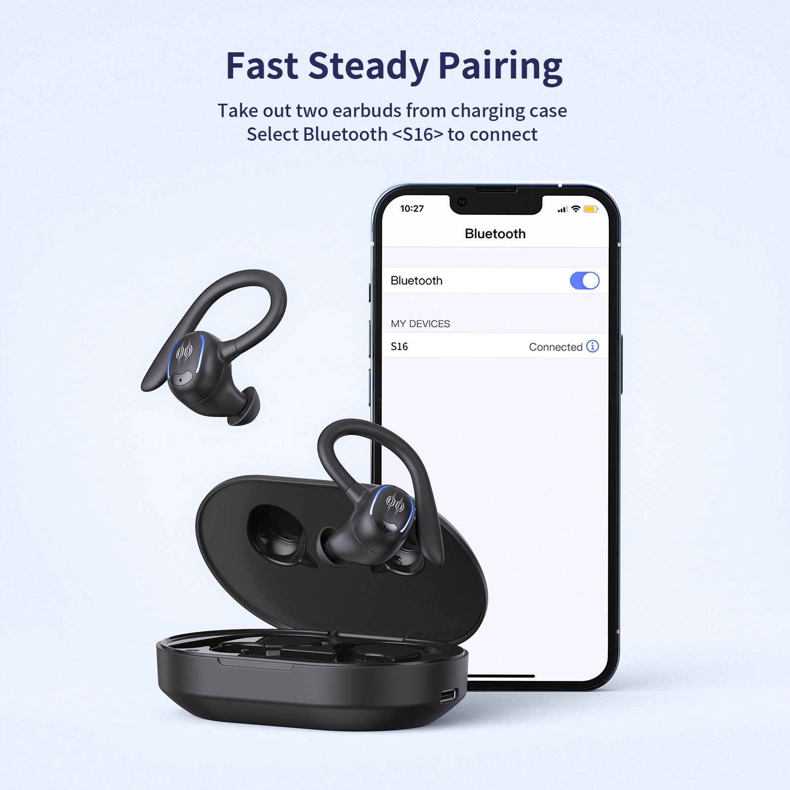 PSIER Wireless Earbuds Bluetooth Headphones 50 Hours Playtime Bluetooth 5.3 Digital LED Display Over-Ear Earphones with Earhook Sports Headphones IPX7 Waterproof
